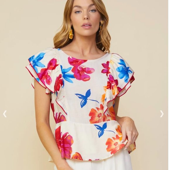 Skies Are Blue Tops - SKIES Are Blue VALERY FLORAL PEPLUM Big Floral Print Zip Up Top Size M